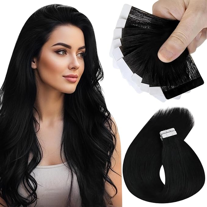 Sunny Hair Tape in Hair Extensions Real Human Hair Invisible Remy Hair Extensions Tape ins for Women Jet Black 14 inch 25G