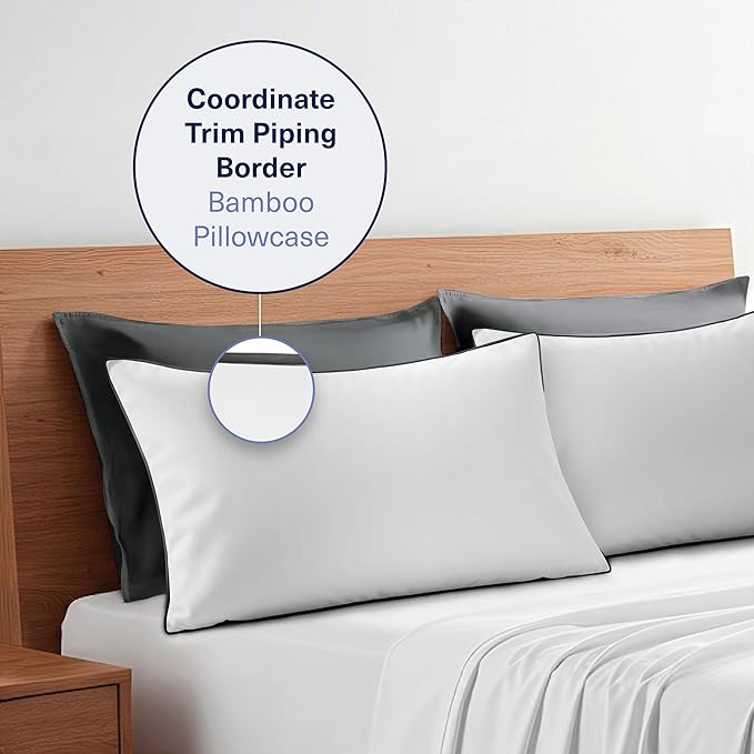 Kickoff Viscose Bamboo Pillowcase, Queen, Set of 2, 100% Organic Hidden Zippered Viscose Bamboo Pillow Case Queen Size, Cooling Pillow Cover for Hot Sleepers (20"x30", Trimmed, Pewter)
