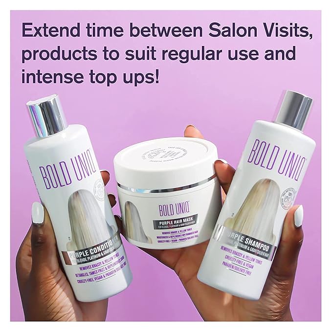 Purple Shampoo, Conditioner & Mask Trio Gift Set. Removes Brassy Yellow Tones. Lightens Blonde, Platinum, Ash, Silver & Grays. Paraben & Sulfate Free. PETA Approved Cruelty-free and 100% Vegan.