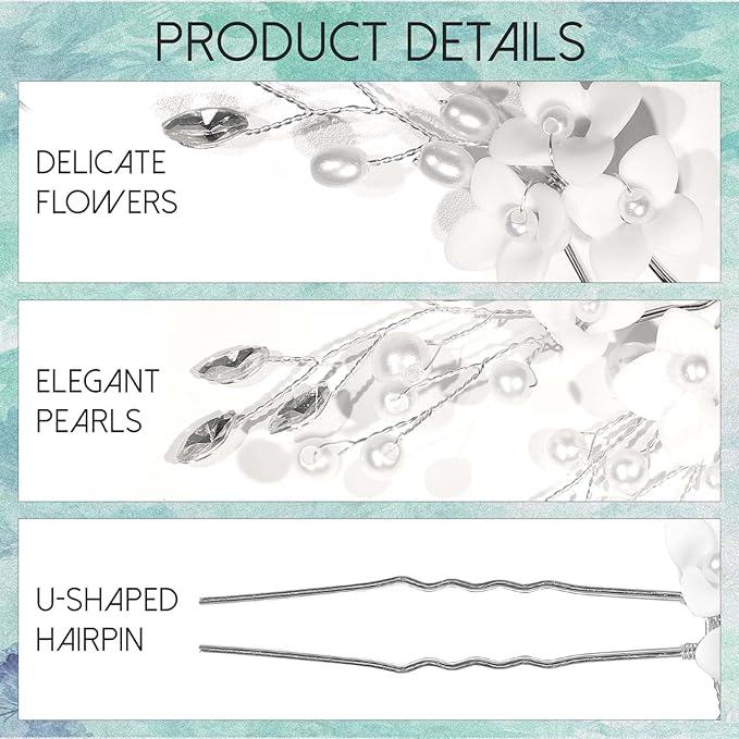 8Pcs Silver Bridal Wedding Hair Pins,White Flower Leaf Hair Piece Pearl Rhinestone Hair Clips,Hair Accessories for Women Brides Bridesmaid