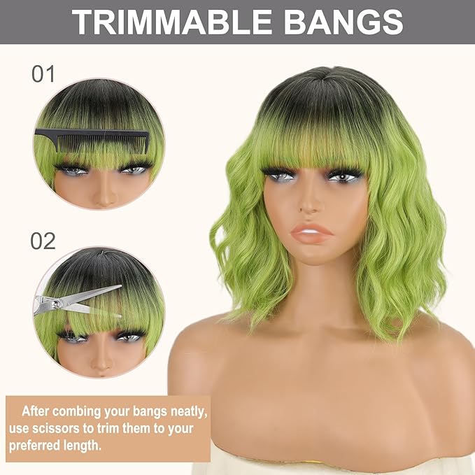 MISSQUEEN Short Green Wig with Bangs Women Girls Dark Roots Ombre Green Wigs Bob Style Heat Resistant Synthetic Natural Realistic Wig for Everyday Hairstyle Cosplay Party Halloween