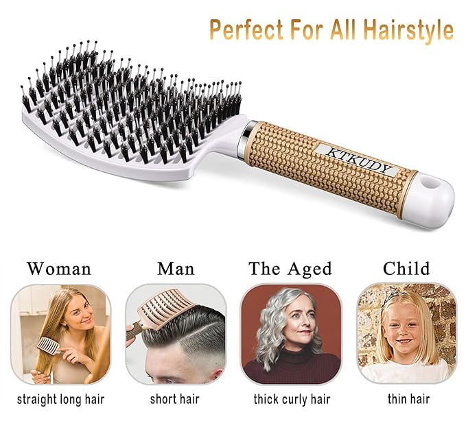 Detangling Brush Boar Bristles Set KTKUDY Hair Brush Curved and Vented Detangler Brush for Women Men Kids Wet and Dry Hair (Black&White)