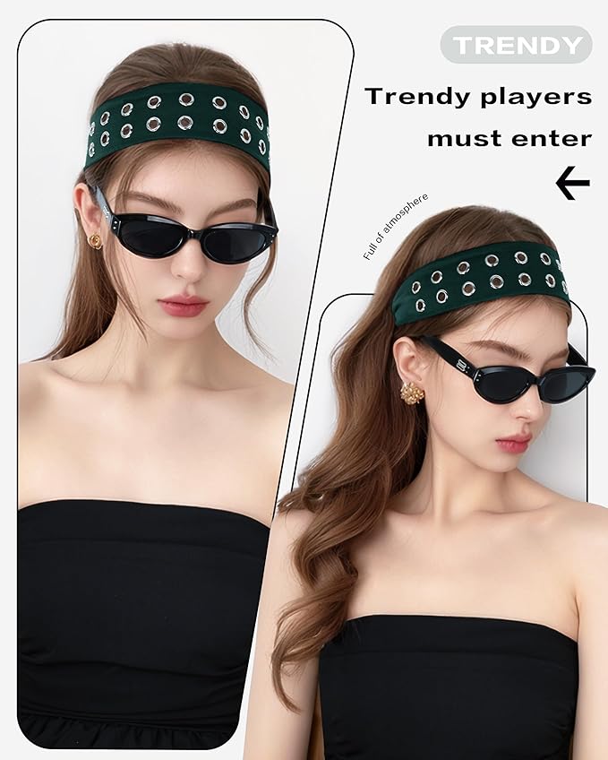 Grommet Headband for Women, Green 23cm Hollow Out Elastic Hair Band, Eyelets Punk Grunge Stylish Hairband