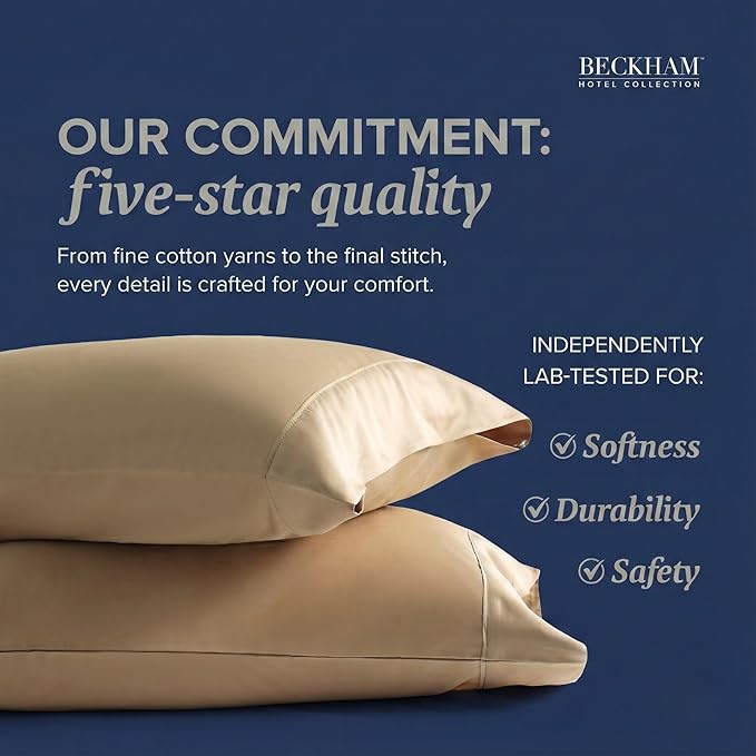 Beckham Hotel Collection 100% Cotton Pillow Cases King Size Set of 2, 500TC, Luxury Sateen Pillowcases, Open End, Breathable, Moisture-Wicking, Sand
