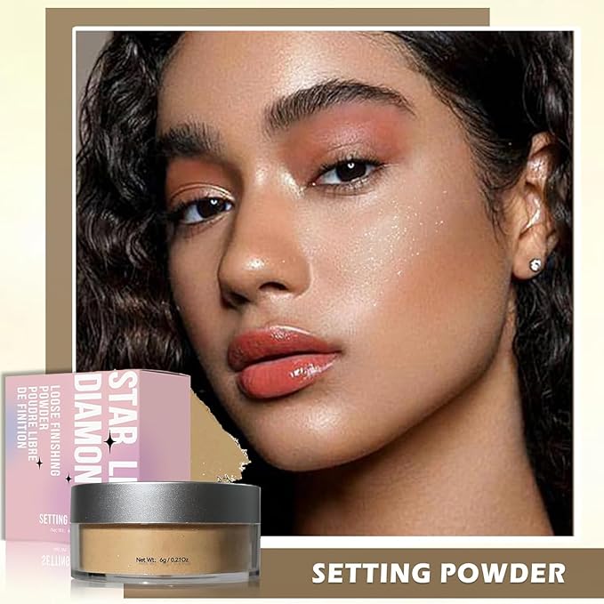 Loose Face Powder Setting Powder, Shimmer Glitter Loose Powder, Matte Finishing Powder Shine, Waterproof, Oil Control, Lightweight Face Powder Makeup for All Skin Tones (Dark Complexion Shimmer)