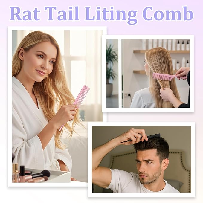 6 Pcs Rat Tail Combs, Fine Tooth Parting Tip for Women, Carbon Fiber Root Teasing Anti Static Hair Comb for Root Teasing Back Combing Adding Volume Evening Styling, Two each of pink, purple, and black