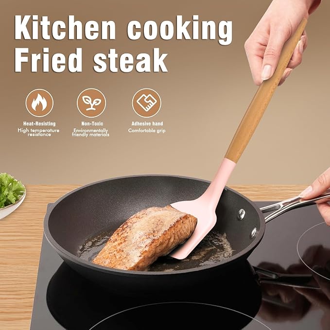 Silicone Cooking Utensils Set - Silicone Kitchen Utensils for Cooking Wooden Handles, 446°F Heat Resistant Kitchen Utensil Spatula Sets w Holder, Gadgets for Non-Stick Cookware BPA FREE (Multicolour)