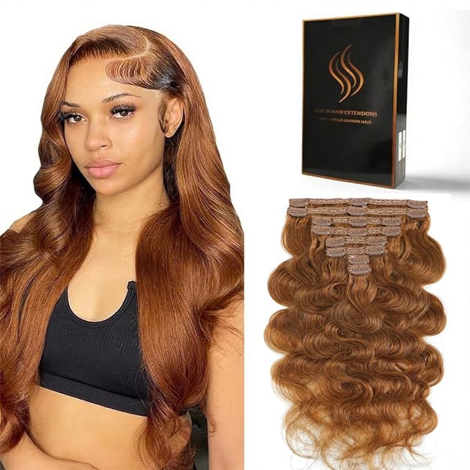 Clip in Hair Extensions Real Human Hair Body Wave 30 Auburn Ginger Clip in 100% Brazilian Remy Human Hair Extensions 8pcs Per Set with 18 Clips Double Weft 16 Inch 90g/3.6oz