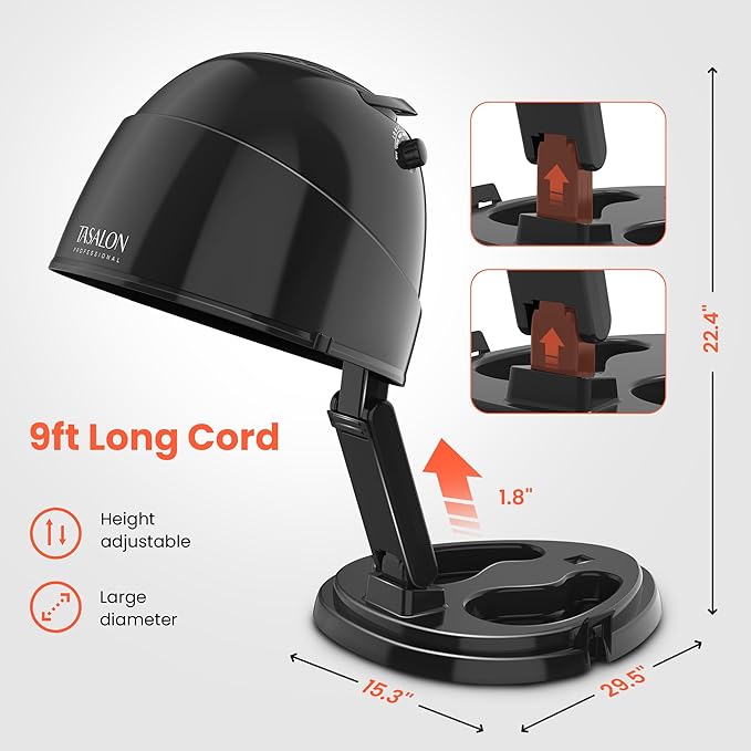 TASALON Portable Hooded Hair Dryer Bonnet, 1875W Height Adjustable Salon Home Hair Dryer with Hood, 3 Heating Settings - Black