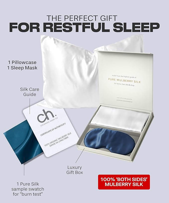 Mulberry Silk Pillowcase Set - Queen Size, Midnight Blue Sleep Mask Included
