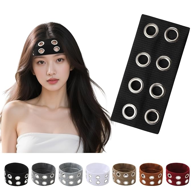 papasgix Grommet Headband for Women, Y2K Elastic Headband Wide Black Hair Band with Holes Metal Rock Style 2000s Hair Accessories (1, Black)
