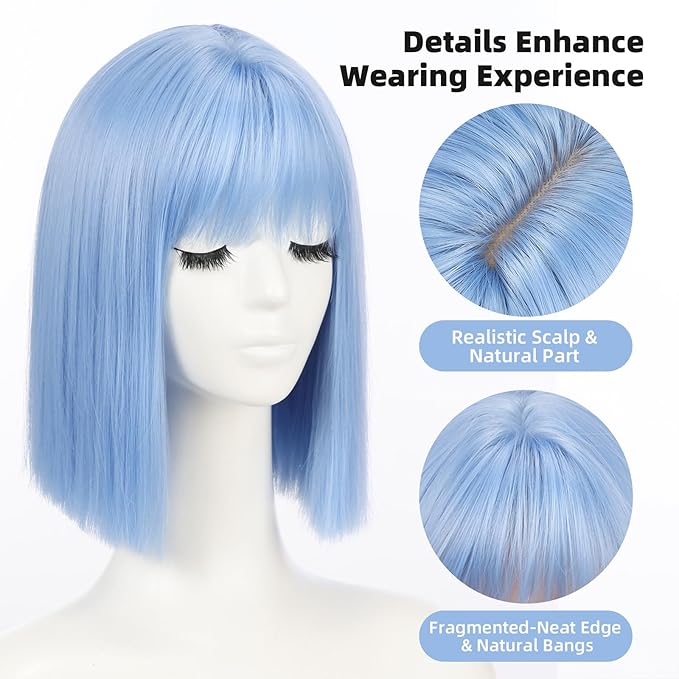 Allbell Light Blue Wigs for Women Short Bob with Bangs Heat Resistant Synthetic Hair 12 inch for Daily Party Halloween Costume Use
