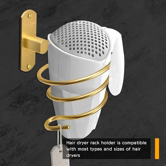 YWHWXB Hair Dryer Holder,Wall Mounted Spiral Hair Dryer Shelf,Bathroom Stainless Steel Hair Dryer Bracket,Self-Adhesive Hair Dryer Storage Rack (Gold)