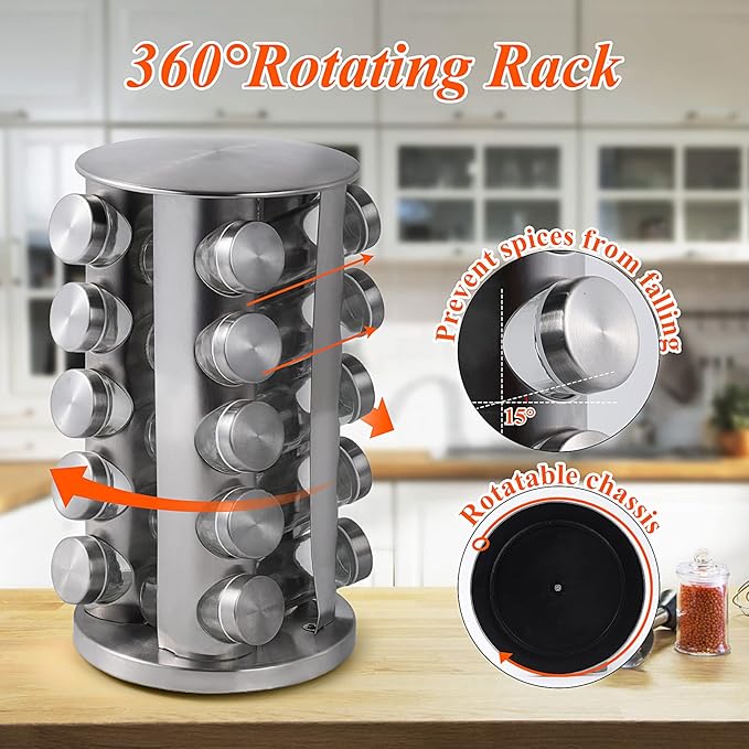 DOUBLE 2 C Revolving Spice Rack with 20 Jars, Rotating Spice Rack Organizer, Seasoning Organizer with Labels, Stainless Steel Spice Carousel for Kitchen Countertop, Cabinet