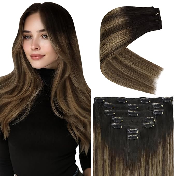 Ve Sunny Human Hair Clip in Extensions Black Clip in Hair Extensions Black Ombre Brown with Blonde Extensions for Women Real Hair Thick End 16Inch 120g