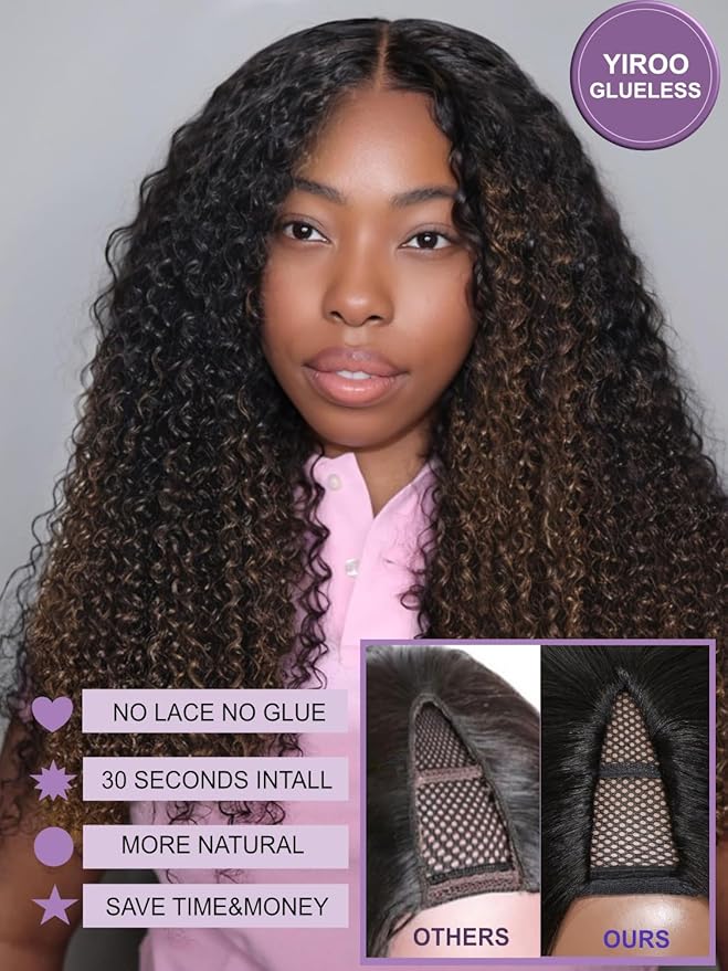 YIROO EasiContour V Part Ombre Brown Human Hair Wig Curly 12A Glueless Upgrade U Part Wig Ombre Black to Chestnut Brown No Leave Out V Shape Clip Wigs Ready to Go 150% Density Beginner Friendly 18Inch