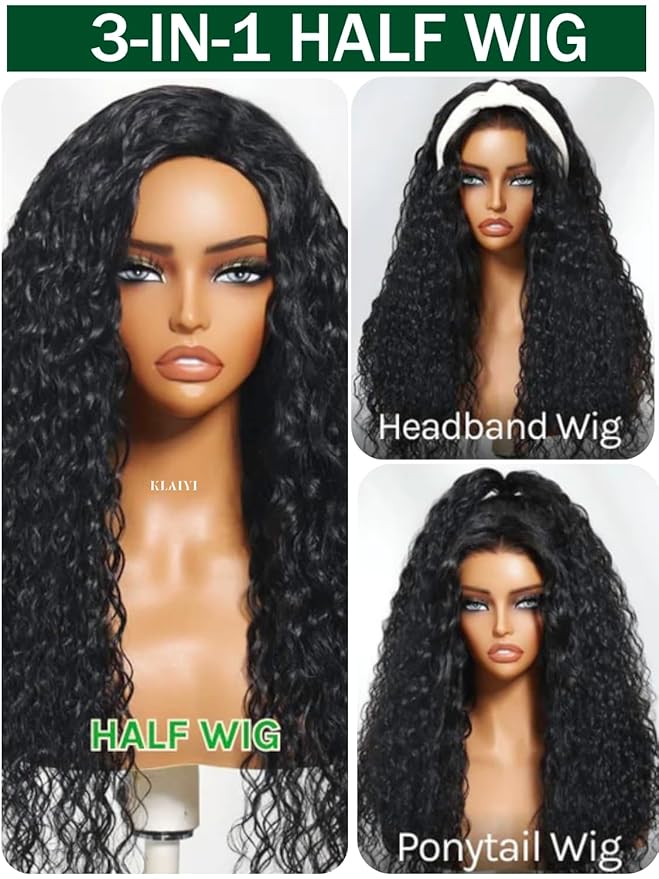 KLAIYI Water Wave 3 In 1 Flip Over 3/4 Half Wig Human Hair Curly Flip Over Seamless Blend Edges Glueless Wear and Go Drawstring Headband Clip In Wigs for Women Ready to Go Wig Beginner Friendly 16Inch