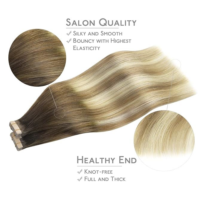 WENNALIFE Tape in Hair Extensions Human Hair, 40pcs 100g 22 inch Ombre Walnut Brown to Ash Brown and Bleach Blonde Hair Extensions Real Human Hair Straight Tape in Extensions Real Human Hair Extension