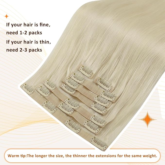 Full Shine Clip in Extensions Platinum Blonde Real Hair Extensions Clip in Human Hair Blonde Invisible Hair Extension with PU Weft Straight Hair 16 Inch 8 PCS 120 G