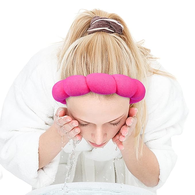 Zkptops Spa Headband for Washing Face Wristband Set Sponge Makeup Skincare Terry Cloth Bubble Soft Get Ready Hairband for Women Girl Puffy Padded Headwear Non Slip Thick Hair Accessory(Hot Pink)