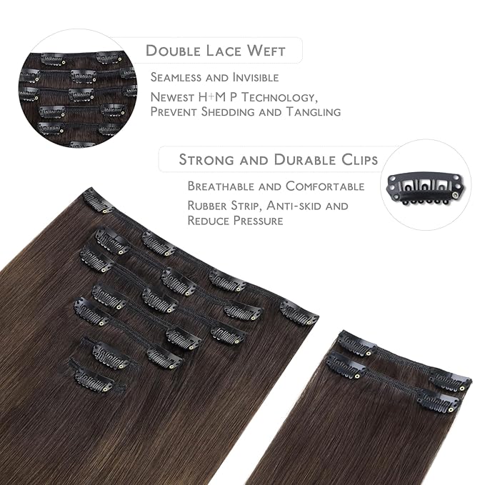 WENNALIFE Clip in Hair Extensions Real Human Hair, 20 Inch 150g 9pcs Remy Hair, Ombre Dark Brown to Light Chestnut Brown Straight Natural Extensiones De Cabello Humano Con Clip Ins