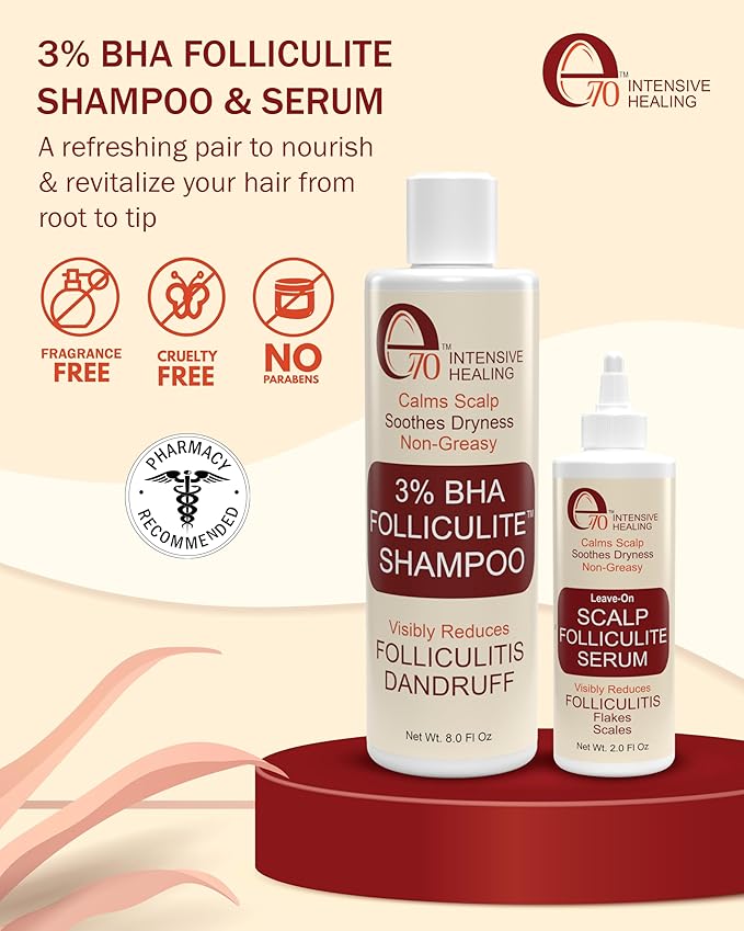 Folliculitis Treatment Shampoo & Serum with 3% BHA, Salicylic Acid, Tea Tree Oil & Chamomile Extracts - Anti Itch Shampoo for women & men with Flaky Scalp Treatment Acne, Made in USA by e70, 8 fl oz