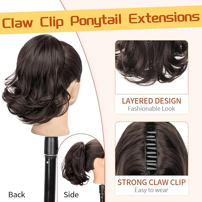 KooKaStyle Ponytail Extension, 10" Short Claw Clip in Pony Tails Hair Extensions Curly Wavy Synthetic Drawstring Hairpieces for Women Medium Brown