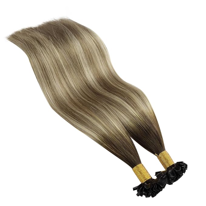 YoungSee K Tip Hair Extensions Balayage 22In Keratin Hair Extensions Human Hair Ombre Dark Brown to Brown with Blonde Straight 50s/50g