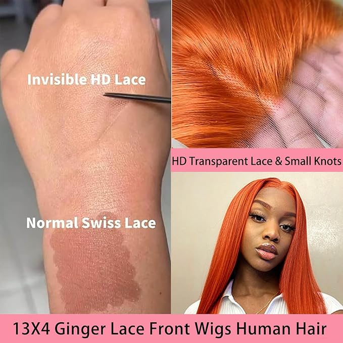 28inch Ginger Wig Human Hair 13X4 180% Density Ginger Orange Lace Front Wigs Human Hair 350 Colored Straight HD Transparent Lace Frontal Wigs Human Hair Pre Plucked With Baby hair