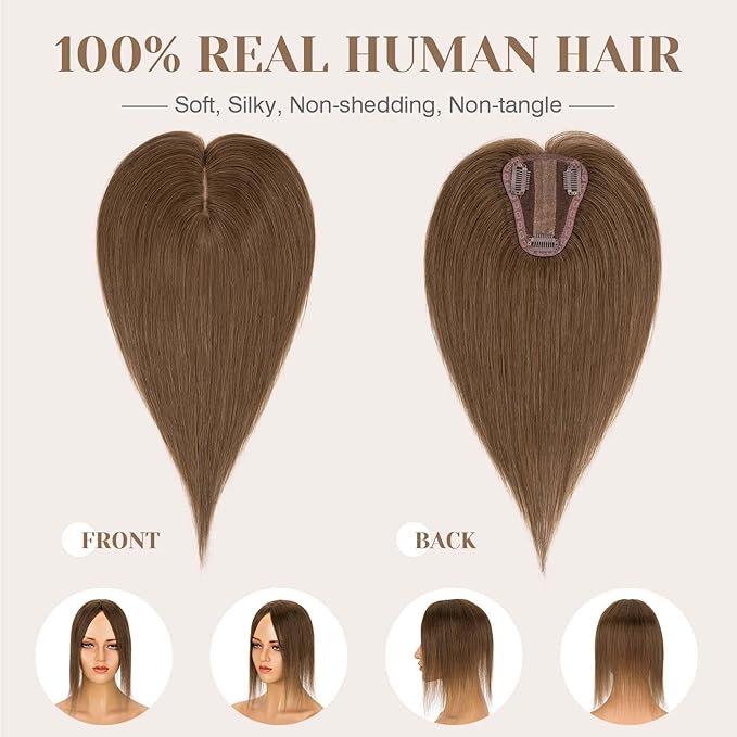 S-noilite Hair Toppers for Women Real Human Hair 3D 360° Cover Clip in 100% Real Human Hair Toppers 3″*4″ Clip in Silk Base 8 inch Meduim Brown