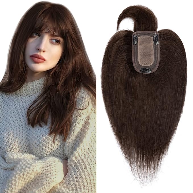 SEGO Hair Toppers for Women Real Human Hair with Thinning Hair, Toppers Hair Pieces Clip in Toppers Straight Hair Pieces with Front Bangs 150% Density Silk Base -12 Inch #2 Dark Brown