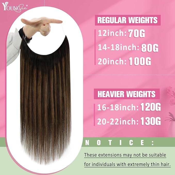 YoungSee 135G Wire Hair Extensions Human Hair Balayage Invisible Wire Hair Extensions Darkest Brown with Medium Brown Balayage One Piece Hair Extensions Long Straight Hair 24Inch