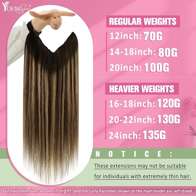 YoungSee 120G Wire Hair Extensions Brown Invisible Wire Human Hair Extensions Dark Brown Fading To Caramel Blonde Balayage Straight One Piece Hair Extension 16Inch