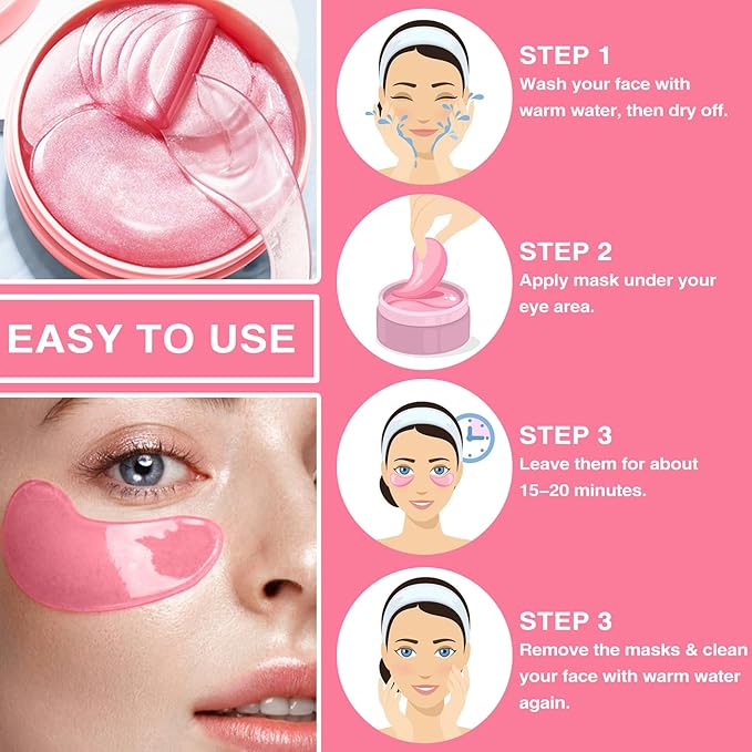 60pcs Under Eye Mask, Pink Collagen Under Eye Patches for Puffy Eyes & Dark Circles Treatments, Reduce Under Eye Bags Smooth Wrinkles, Lighthen Fine Lines, Moisturizing Under Eye Masks