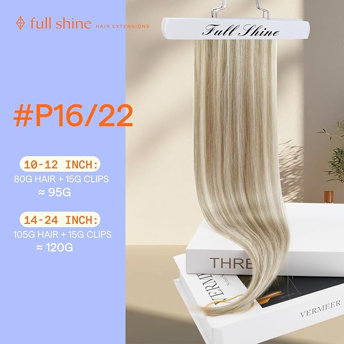 Full Shine Clip in Hair Extensions Blonde Highlights Real Hair Extensions Clip in Human Hair Color 16P22 Golden Blonde Highlighted Straight Full Head 7 Pcs 22 Inch 120 G