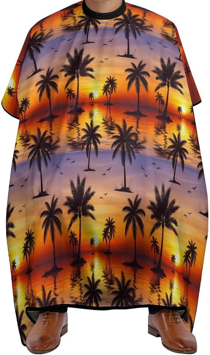 Men Tropical Sunset Coconut Palm Tree Salon Gown Cape, Full Coverage Haircut Hairdressing Cloth Apron for Hairstylists, Barber Aceessories