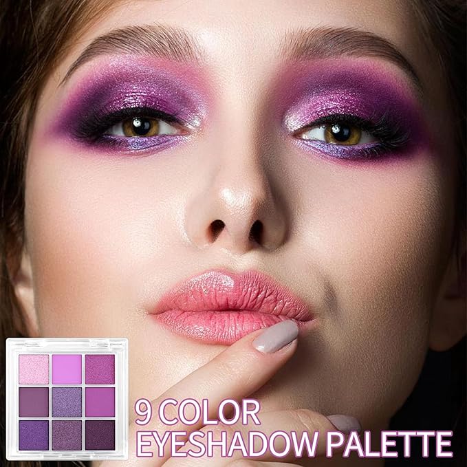 Erinde 9 Colors Purple Pink Lavender Glitter Shimmer Matte Eye Shadow Palette Makeup, Highly Pigmented Waterproof Violet Mauve Dark Purple Silver Pearl White Shimmer Sparkling Party Eyeshadow Palette