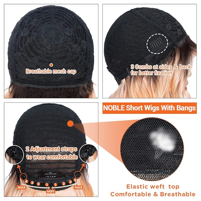 NOBLE Pink Orange Wig for Women Peach Wig with Bangs Ombre Bob Curly Wigs with Air Bangs Synthetic Short Wavy Wigs with Bangs Heat Resistant Synthetic Daily Party Cosplay Costume Wigs