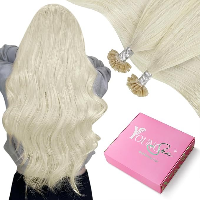 YoungSee U Tip Hair Extensions Human Hair Blonde Utips Hair Extensions Platinum Blonde Keratin Hair Extension for Short Hair K Tip Hair Extension Real Human Hair Straight for Thin Hair 14In 1G/S 50G