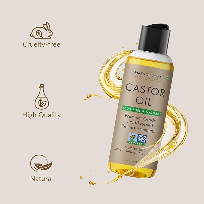 Majestic Pure Castor Oil - 100% Pure & Natural - Premium Grade, Cold Pressed, Hexane Free - Hair, Eyelashes, Eyebrows, Nails - Moisturizing & Nourishing - 4 Fl Oz