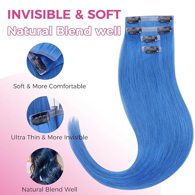 Lashey Hair Extensions Real Human Hair 48g 4pcs Blue 20 Inch Long Straight Seamless Clip in Hair Extensions Human Hair for Colored Highlight
