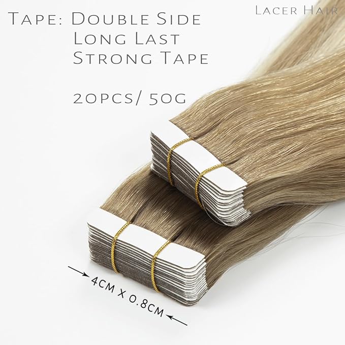 Lacer Hair Remy Tape in Human Hair Extensions Balayage #8/60 Light Brown to Platinum blonde Seamless PU Skin Weft Tape in Real Hair Extensions Double Side 50g 20pcs/set 14 inch