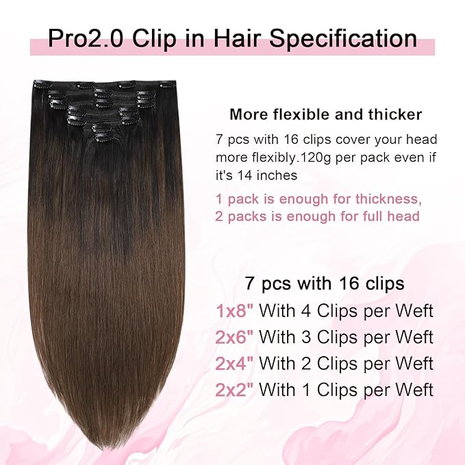 Pro2.0 Clip in Hair Extensions Real Human Hair 22inch 7pcs #1BT4 Natural Black Fading to Middle Brown Remy Real Hair Extensions Clip in Human Hair 120g（#1BT4-22inch）