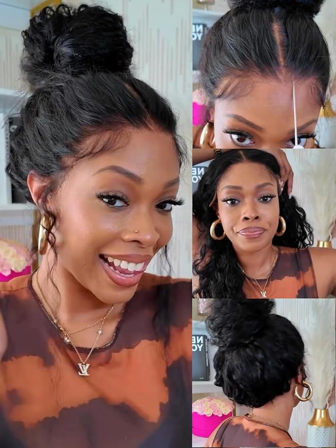 KLAIYI Water Wave HD Real Scalp Glueless Precut 13x4 Lace Front Human Hair Wig Drawstring Bye Bye Knots Pre Plucked Bleached Pre Everything 30S Ready to Wear and Go Deep Curly Wave Beginner Wig 24Inch