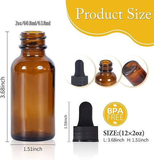 2 oz Dropper Bottle 12 Pack Amber Glass Boston Bottles 30ml with Eye Droppers Black Caps for Essential Oils, Perfume, Leak Proof Travel Bottles for Liquids