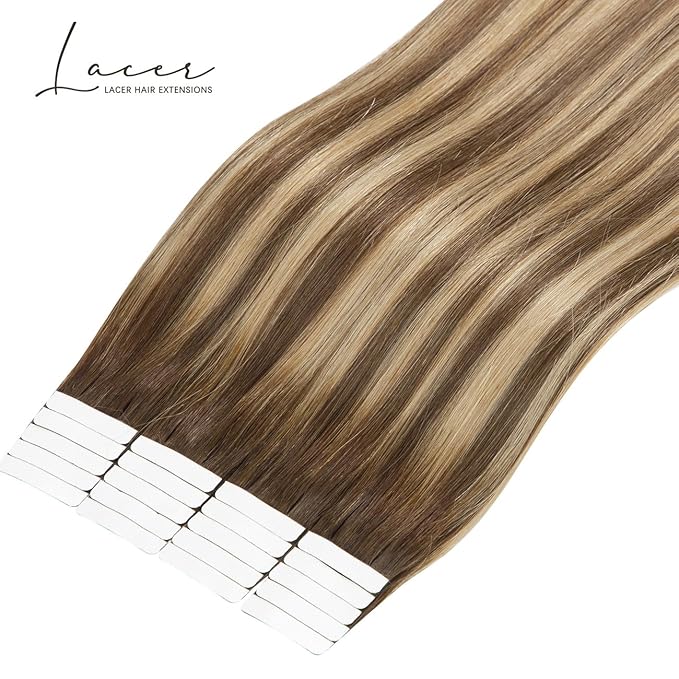 Lacer 16 Inch Tape in Hair Extensions Chocolate Brown to Dark Caramel Blonde Seamless Skin Wefts Rooted Tape in Hair Extensions 50 Grams 20Pcs
