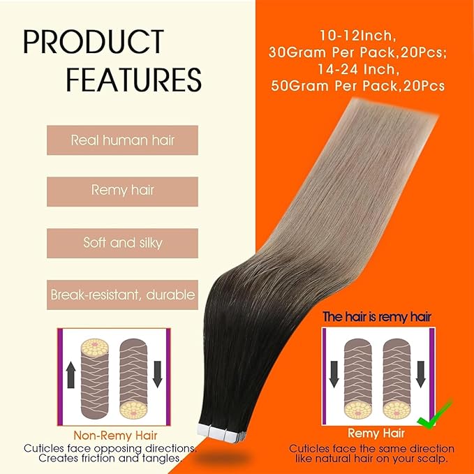 Full Shine Hair Extensions Black Ombre Ash Blonde 16 Inch Double Sided Tape in Hair Extensions for Women Invisible Human Hair Extensions 50 Gram 20 Pcs Seamless Remy Extensions Skin Weft for Wedding