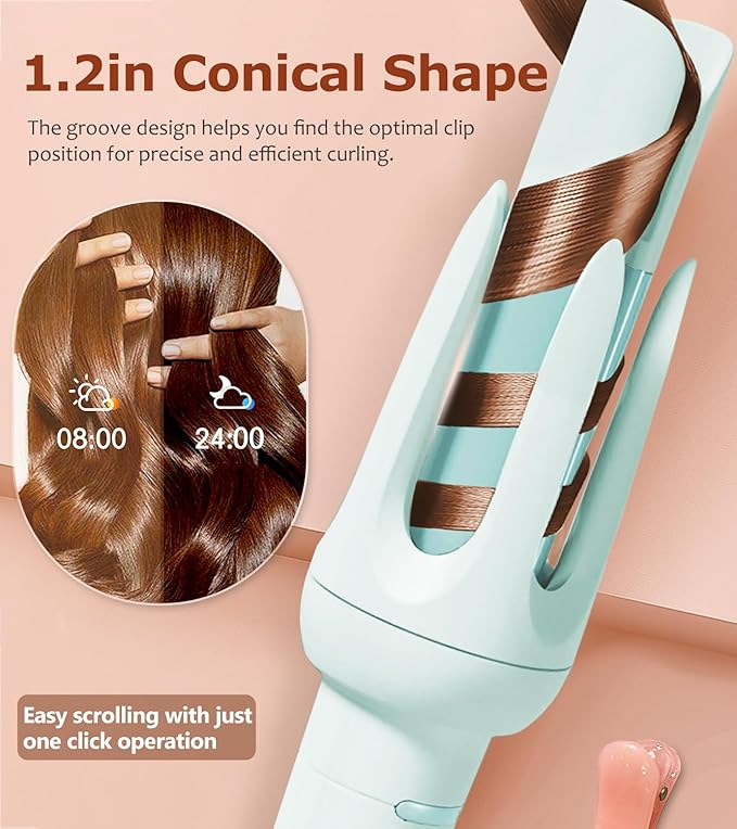 Auto Hair Curler, Automatic Curling Iron with 4 Temperature & 3 Timer, Automatic Shut-Off, Anti-Scald, Anti-Tangle Rotating Curling Wand for Hair Styling, Blue