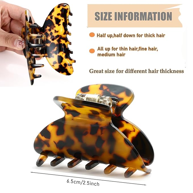2Pcs Medium Tortoise Shell Claw Hair Clips, Elegant French Design Celluloid Hair Jaw Grips for Women