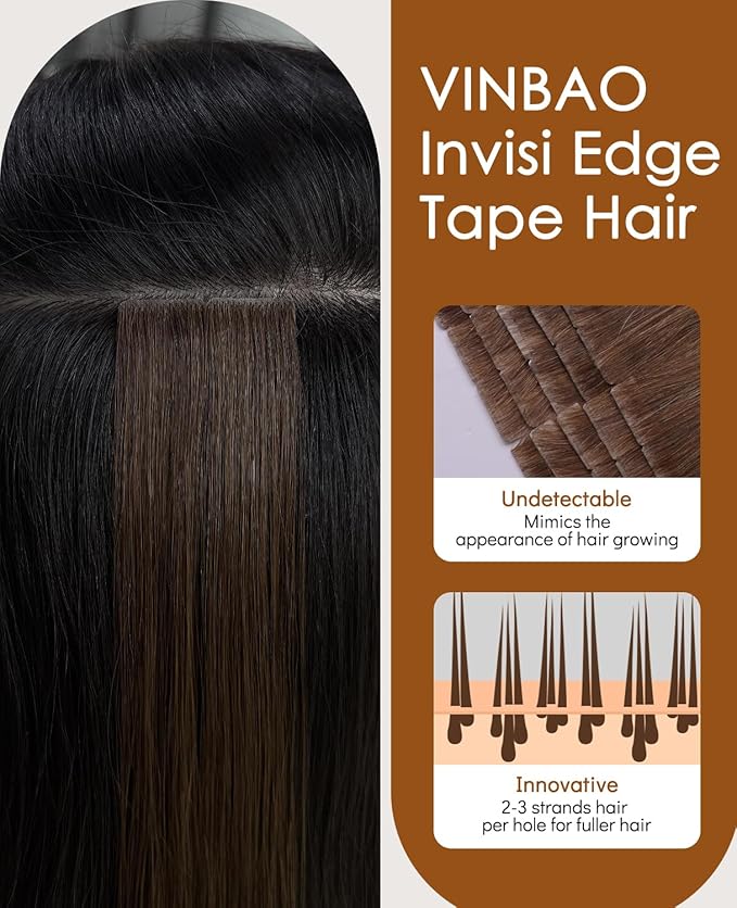 VINBAO Invisi Edge Tape in Extensions Human Hair, Jet Black 40g 20pcs, Injected Tape in Extensions Virgin Human Hair Seamless Injected Tape Hand-Tied Pro Invisible 14inch #1